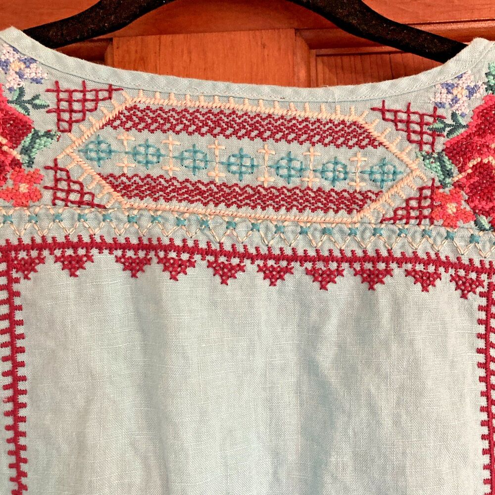 Johnny Was JWLA Womens S Blue V-Neck Embroidered Short Sleeve Tunic Rose Linen - Picture 8 of 11